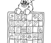 Coloriage Lapin avec signe de joyeux P&acirc;ques
