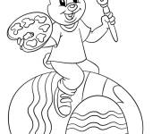 Coloriage Lapin chevauchant un oeuf de Paques et le paigne