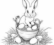 Coloriage Lapin dans un panier de P&acirc;ques en noir et blanc