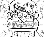 Coloriage Lapin de P&acirc;ques &agrave; l'arri&egrave;re d'une camionnette avec des carottes