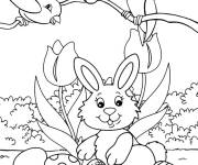 Coloriage Lapin de P&acirc;ques avec des oiseaux sur l'arbre