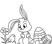 Coloriage Lapin de P&acirc;ques avec son ami poussin
