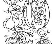 Coloriage Lapin de P&acirc;ques avec &oelig;ufs d&eacute;cor&eacute; et poulets