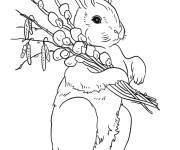 Coloriage Lapin de P&acirc;ques avec un bouquet de fleurs