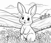 Coloriage Lapin de P&acirc;ques dans le pr&eacute;
