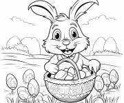 Coloriage Lapin de P&acirc;ques devant un panier de P&acirc;ques &agrave; t&eacute;l&eacute;charger