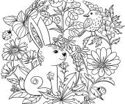 Coloriage Lapin de P&acirc;ques entre les fleurs et les oiseaux