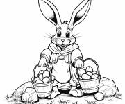Coloriage Lapin de P&acirc;ques livrant des &oelig;ufs dans deux paniers