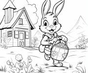 Coloriage Lapin de P&acirc;ques livrant des &oelig;ufs devant la maison