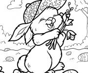 Coloriage Lapin de P&acirc;ques mignon avec un bonnet fleuri tenant des fleurs