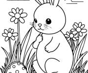 Coloriage et dessins gratuit Lapin debout pr&egrave;s d'un &oelig;uf de P&acirc;ques parmi les fleurs à imprimer