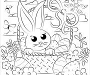 Coloriage Lapin kawaii et panier de P&acirc;ques