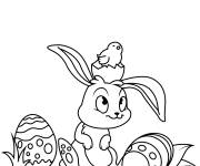 Coloriage Lapin, poussin et Oeufs de P&acirc;ques