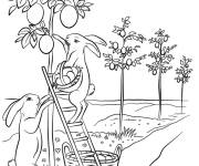 Coloriage Les lapins collectent les oeufs de P&acirc;ques des arbres