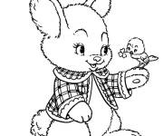 Coloriage Oiseau donne une fleur au lapin de P&acirc;ques