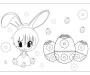 Coloriage Petite fille d&eacute;guis&eacute; en lapin de P&acirc;ques style manga