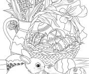 Coloriage Vase des fleurs et panier rempli des oeufs de P&acirc;ques et un lapin