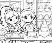 Coloriage St&eacute;phanie et Olivia pr&eacute;parent de d&eacute;licieuses friandises