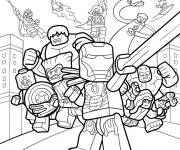 Coloriage Les superh&eacute;ros de Lego Marvel combattant des m&eacute;chants en ville