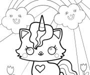 Coloriage Belle chatte licorne kawaii avec arc-en-ciel