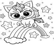 Coloriage Chat licorne kawaii marche sur l'arc en ciel