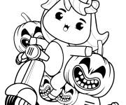 Coloriage Licorne kawaii apporte les citrouille halloween sur son Vespa