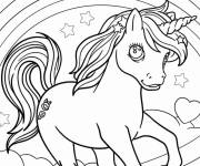 Coloriage Licorne kawaii au galop sur arc en ciel