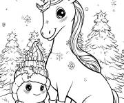 Coloriage Licorne kawaii avec bonhomme de neige