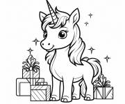 Coloriage Licorne kawaii avec des cadeaux d'anniversaire