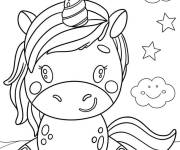 Coloriage Licorne kawaii avec des &eacute;toiles et la lune