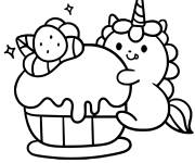 Coloriage et dessins gratuit Licorne kawaii avec petit g&acirc;teau à imprimer