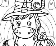Coloriage Licorne kawaii avec un chapeau de sorci&egrave;re pour Halloween