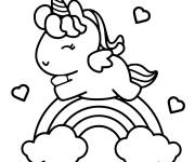 Coloriage et dessins gratuit Licorne kawaii avec une nuage et les cœurs à imprimer
