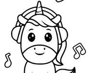 Coloriage Licorne kawaii écoute de la musique