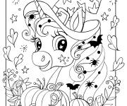 Coloriage Licorne kawaii portant un chapeau de sorci&egrave;re