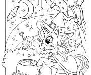 Coloriage Licorne kawaii pr&eacute;pare la potion magique pour Halloween