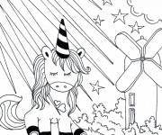 Coloriage Licorne kawaii pr&egrave;s d'un moulin