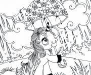 Coloriage Licorne kawaii sous la pluie