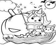 Coloriage Licorne kawaii sur bateau avec une grosse citrouille d'Halloween