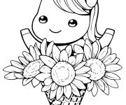 Coloriage et dessins gratuit Licorne kawaii sur bouquet de fleur à imprimer