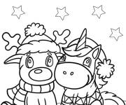 Coloriage Licornes kawaii portant des chapeaux de noel