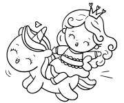 Coloriage Princesse sur licorne kawaii pour fille