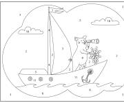 Coloriage Cochon sur son bateau num&eacute;rot&eacute;