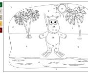 Coloriage Hippopotame s'amuse sur la plage par num&eacute;ro