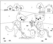 Coloriage Les chats plantent des arbres