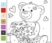 Coloriage Ourson avec bouquet de fleur num&eacute;rot&eacute;