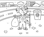 Coloriage Paysage de chien nettoyant les poubelles