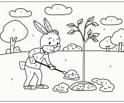Coloriage Sc&egrave;ne de lapin plantant l'arbre par num&eacute;ro