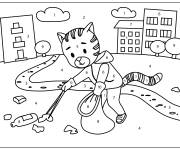 Coloriage Sc&egrave;ne du chat nettoie les poubelles