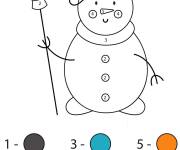 Coloriage Bonhomme de noel par num&eacute;ro tenant un r&acirc;teau